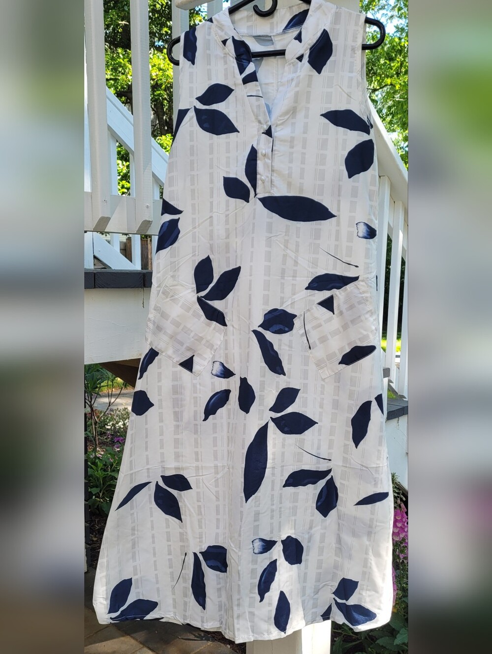 White and Navy Leaf-Print A-Line Shirt Dress